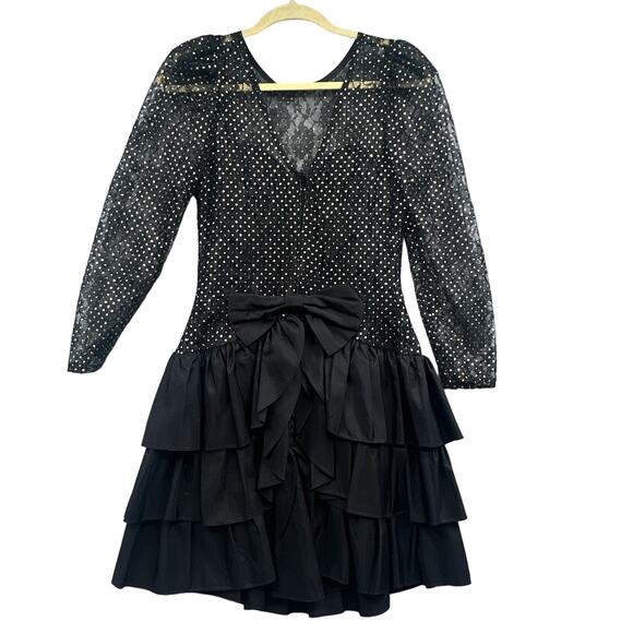 VTG 90s Black Mini Party Dress 9 Prom Puff Slv Tiered Witch Goth Grunge Punk Bow - Picture 2 of 16